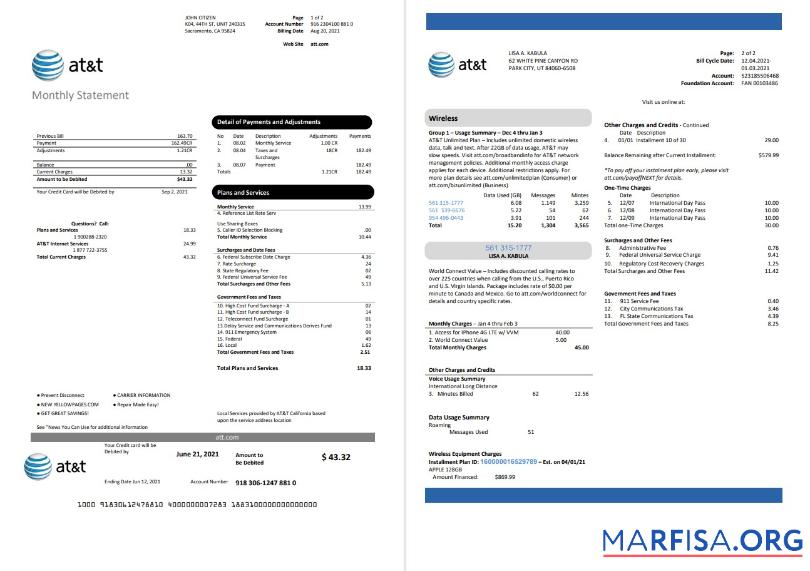 Printable USA Texas AT&T telecommunications utility bill template in Word and PDF format (2 pages)